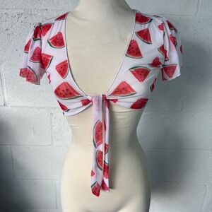 Kids Girls Watermelon Print Mesh Crop Top Short Sleeve Tie Front Cover Up 10/12